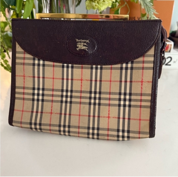 'BURBERRYS' LEATHER CLUTCH BAG SIGNATURE NOVACHECK TOP-ZIP VINTAGE - Picture 1 of 14